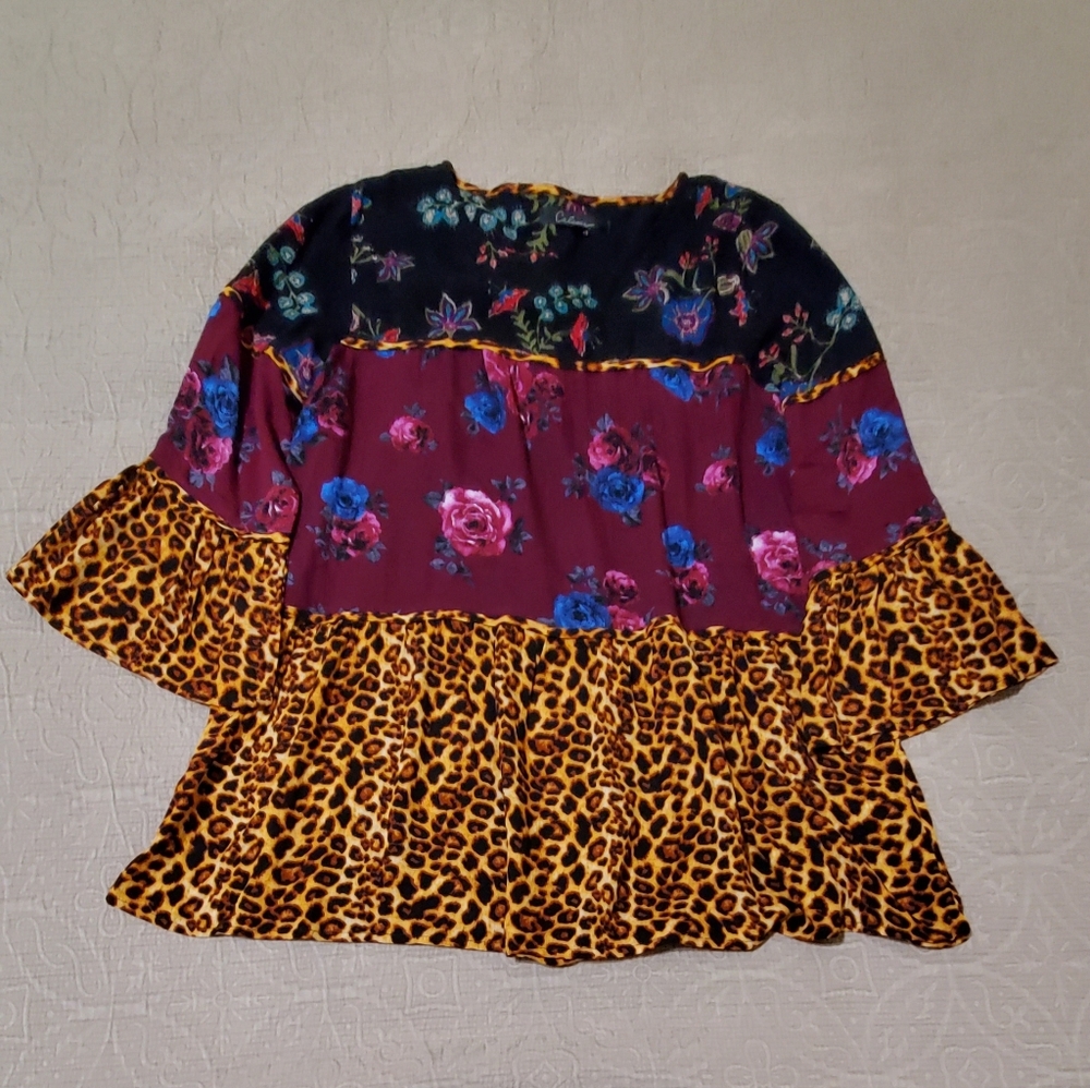 Calessa Mixed Floral and Leopard Print Peplum Top - Multicolor